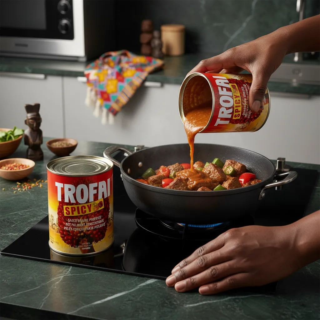 Sauce Graine de Palme Spicy TROFAI versée dans une poêle avec légumes et viande, parfaite pour recettes traditionnelles africaines épicées.