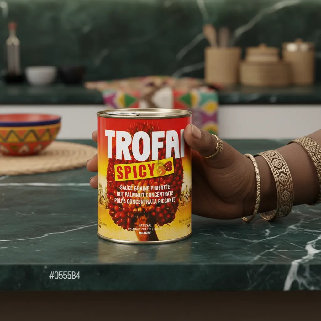 Main tenant une boîte de Sauce Graine de Palme Spicy TROFAI sur plan de travail, produit phare d'épicerie salée pour cuisine africaine authentique.
