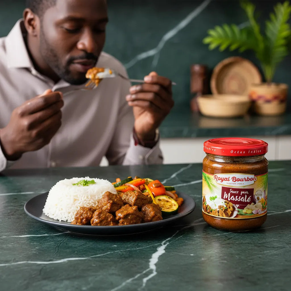 Assiette de riz, légumes et viande cuisinée avec la sauce massalé ROYAL BOURBON, mise en avant du goût intense et authentique.
