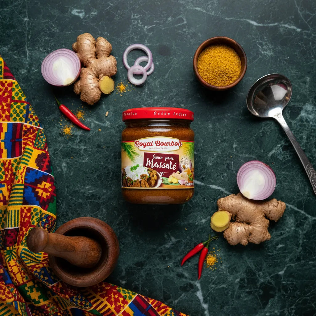 Pot de sauce massalé ROYAL BOURBON entouré d’ingrédients frais comme gingembre, oignon et piment, sur fond de tissu coloré créole.