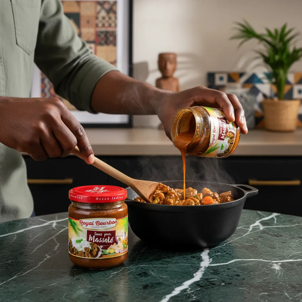 Préparation d’un plat mijoté avec la sauce massalé ROYAL BOURBON, versée depuis le pot pour une cuisine riche en saveurs exotiques.