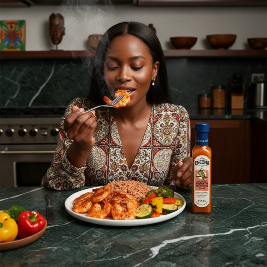 Femme dégustant un plat de crevettes accompagné de la sauce Papaya Hot Pepper Encona, parfaite pour une touche exotique et épicée.