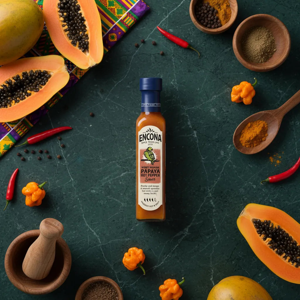 Bouteille de sauce Encona Papaya Hot Pepper entourée de papayes fraîches, piments et épices, illustrant sa richesse en saveurs tropicales.