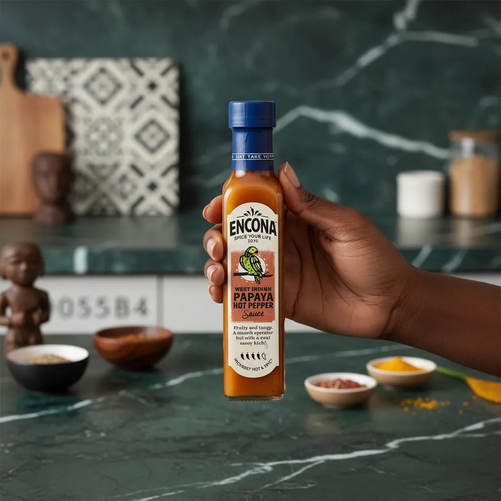 Main tenant la sauce piment papaye Encona dans une cuisine moderne, produit phare d'épicerie salée pour relever vos recettes maison.