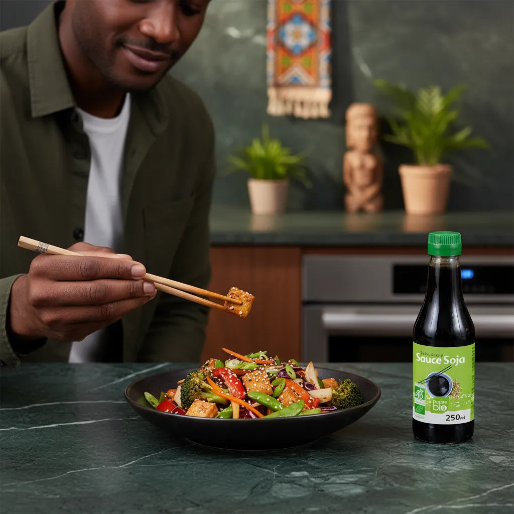 Homme dégustant un plat sauté préparé avec la sauce soja RACINES BIO, condiment bio idéal pour rehausser les saveurs asiatiques.