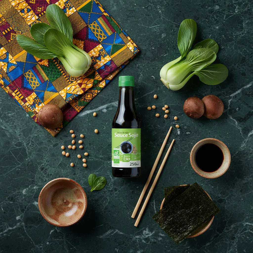 Sauce soja RACINES BIO 250ml posée sur table avec légumes frais, algues et soja, idéale pour recettes asiatiques et marinades bio.