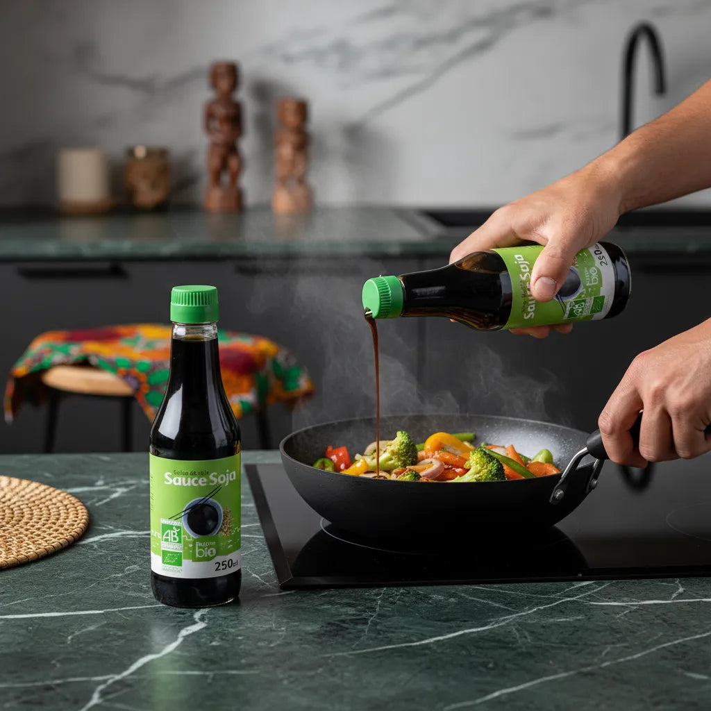 Utilisation de la sauce soja RACINES BIO en cuisine, versée dans une poêle avec légumes sautés, parfaite pour plats savoureux et sains.