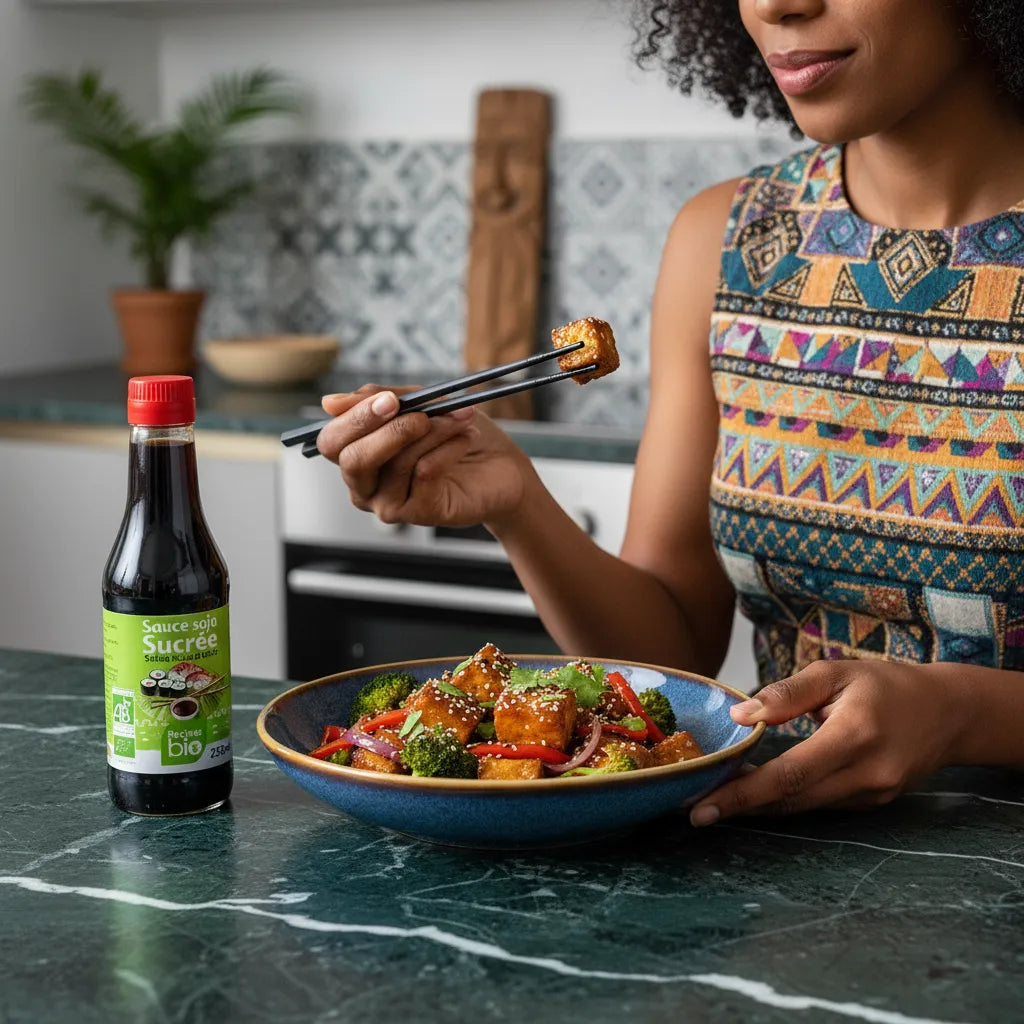 Femme dégustant un plat asiatique avec sauce soja sucrée RACINES BIO, condiment bio au goût équilibré pour recettes maison savoureuses.