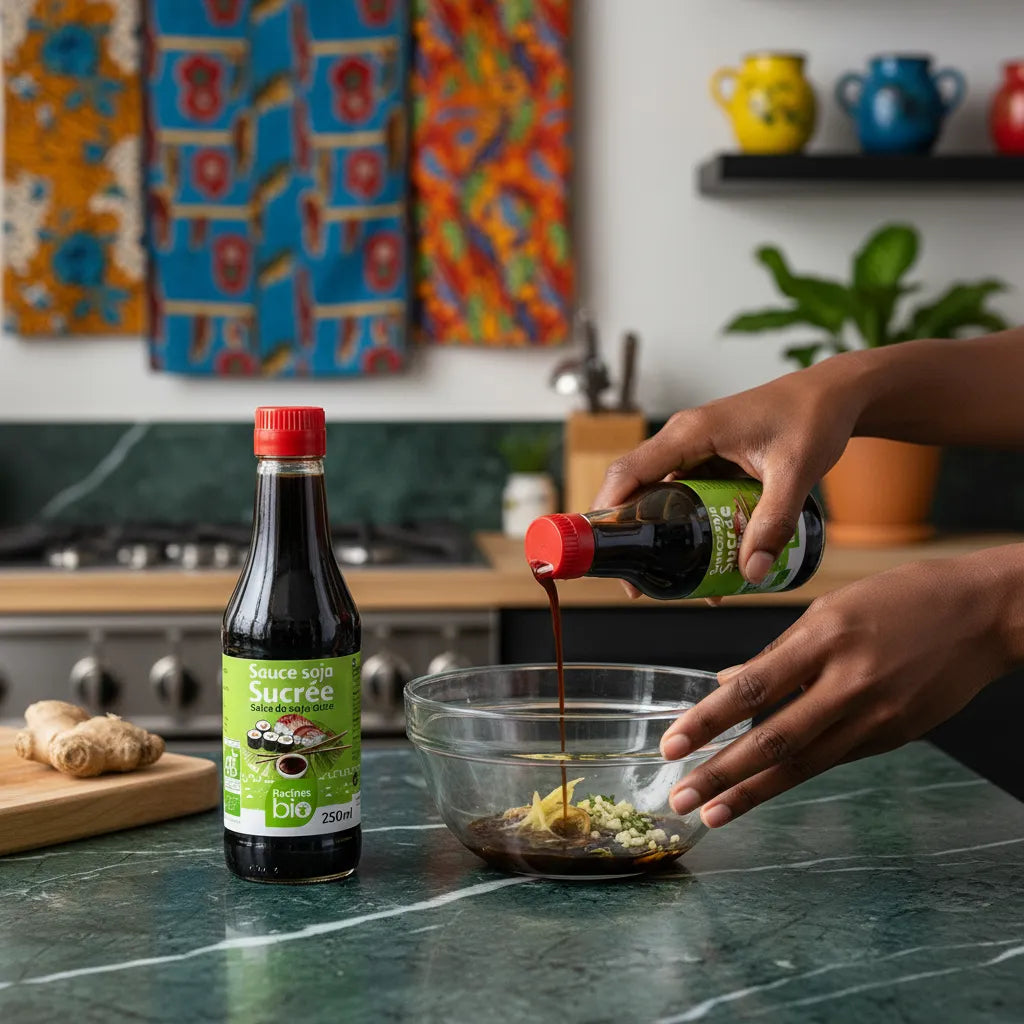 Versement de sauce soja sucrée RACINES BIO dans un bol de préparation culinaire, condiment bio pour assaisonnement équilibré en épicerie salée.