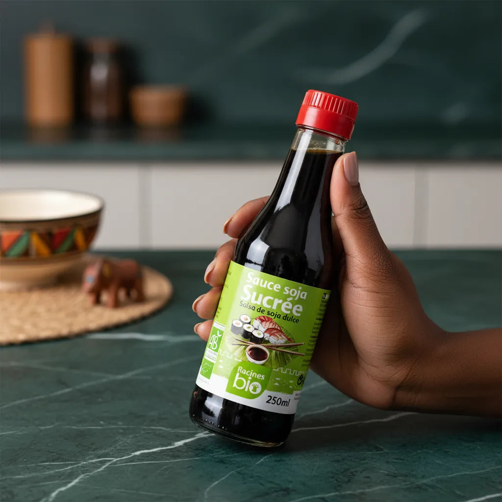Main tenant une bouteille de sauce soja sucrée RACINES BIO 250ml, condiment bio pour cuisine saine et équilibrée, épicerie salée.