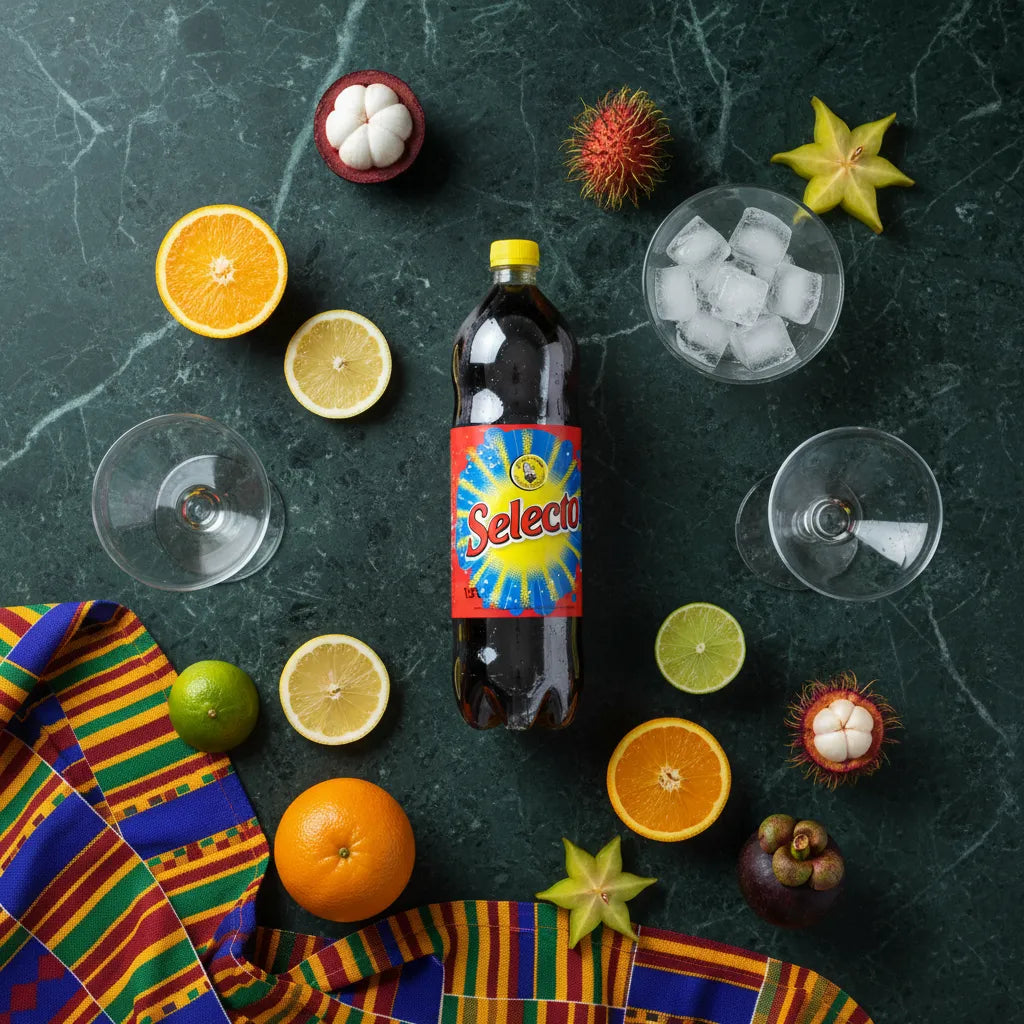 Bouteille de SELECTO entourée de fruits tropicaux et verres, soulignant son profil aromatique fruité et son attrait exotique.