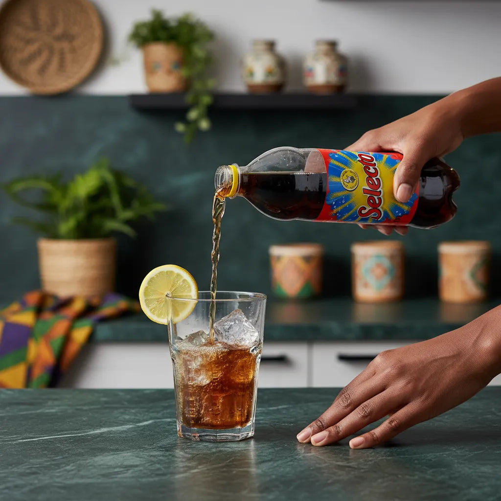 Versement de la boisson SELECTO dans un verre avec glaçons et citron, illustrant une dégustation désaltérante et fruitée.