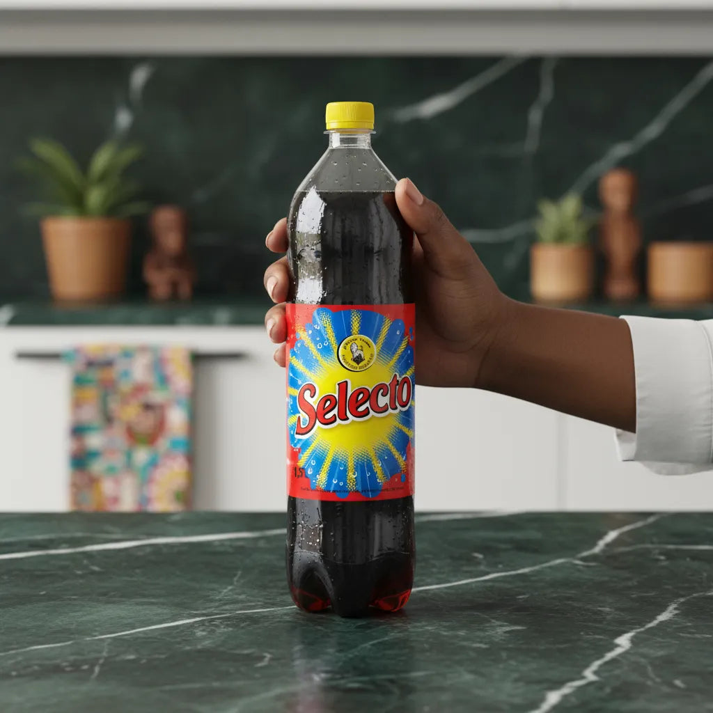 Main tenant une bouteille de soda SELECTO sur un plan de travail, mettant en avant son format pratique et son goût unique.