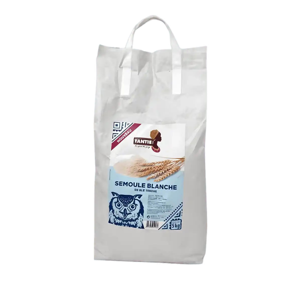 Semoule blanche TANTIE - Blé dur, Polyvalente, Fraîche en sac de 5 kg avec poignée, idéale pour l'épicerie salée et la cuisine quotidienne.