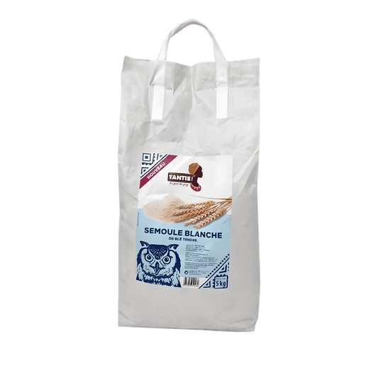 Semoule blanche TANTIE 5kg en sac plastique avec poignées, idéale pour recettes salées ou sucrées - ÉPICERIE SALÉE - NKOSI.