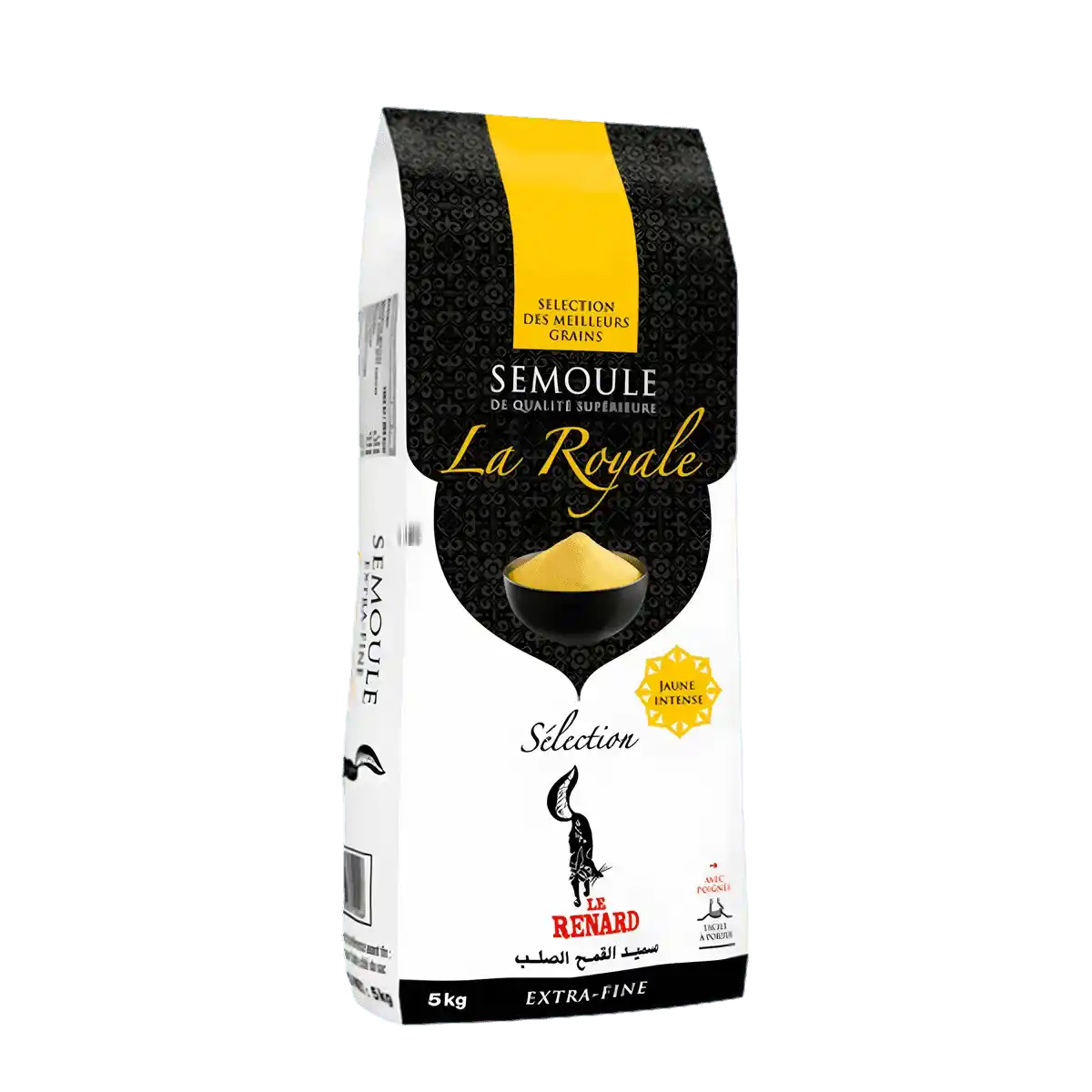 Semoule RENARD Extra-fine 5kg La Royale, emballage noir et blanc avec logo scorpion, blé finement moulu pour recettes salées et sucrées.