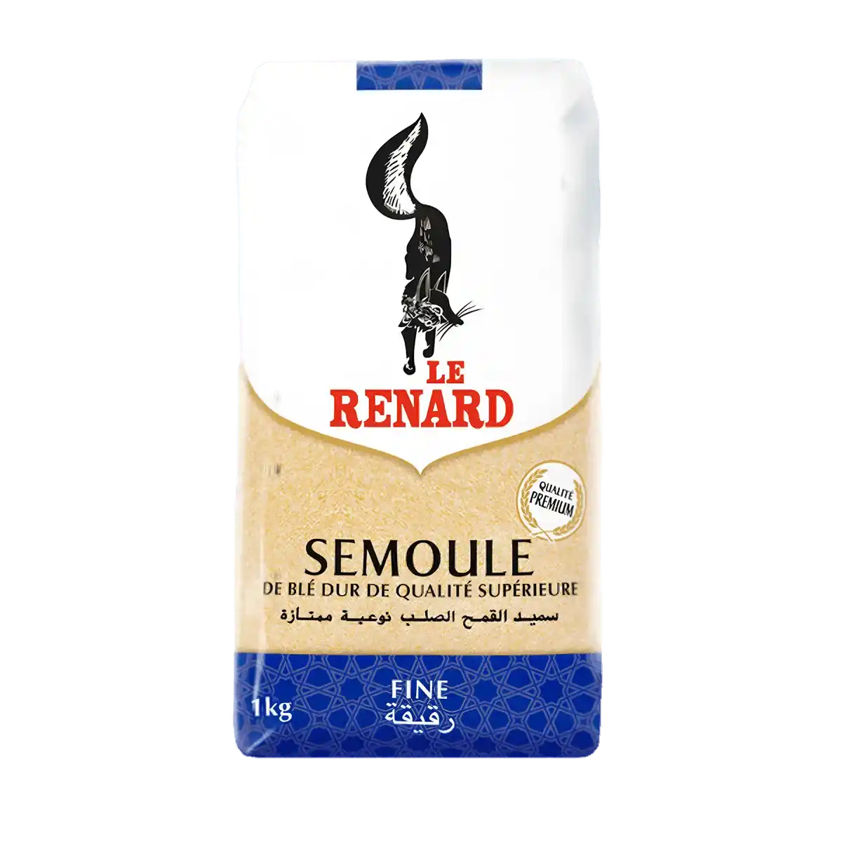 Semoule de blé fine RENARD 1kg, qualité supérieure, emballage bleu et blanc, idéale pour recettes faciles et saines en cuisine.