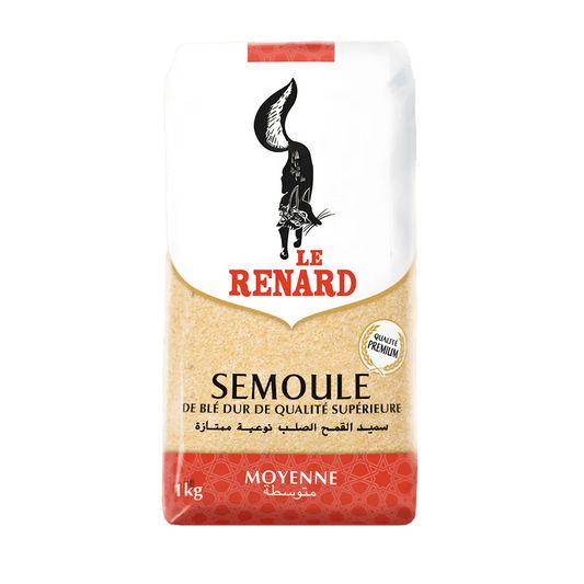 Semoule de blé moyenne RENARD 1kg, emballage blanc et rouge avec logo de renard noir, idéale pour couscous et plats salés - ÉPICERIE SALÉE - NKOSI.