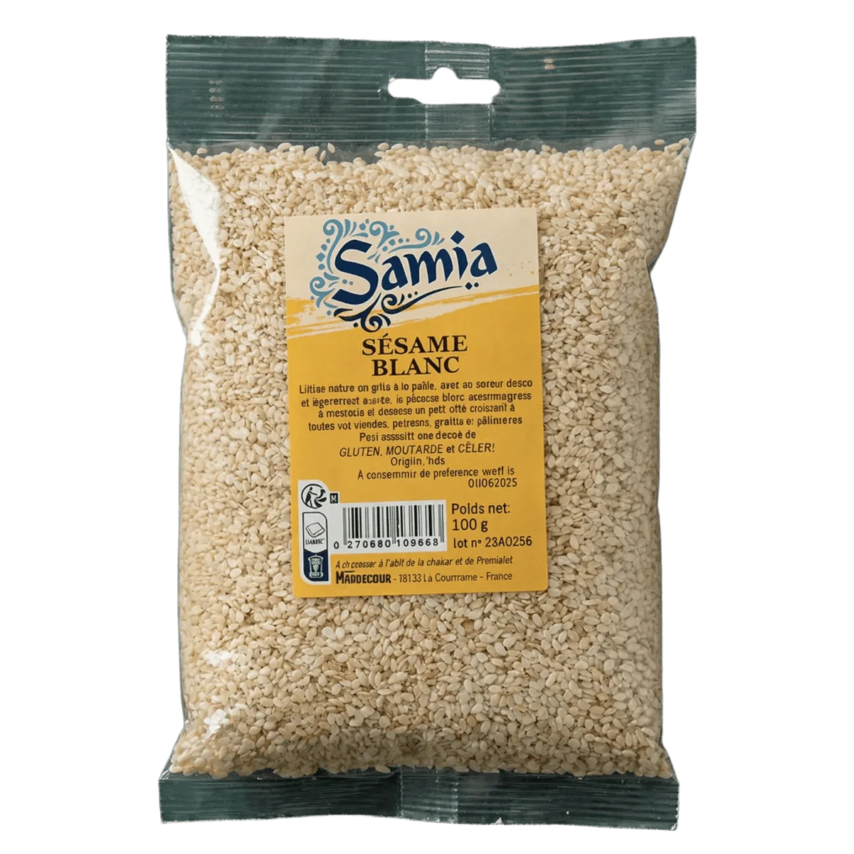 Sachet de graines de sésame blanc SAMIA. L'emballage transparent laisse voir les graines.