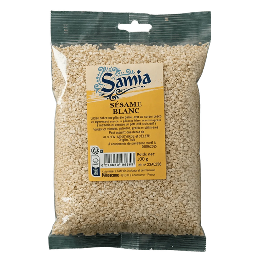 Sachet de graines de sésame blanc SAMIA. L'emballage transparent laisse voir les graines.