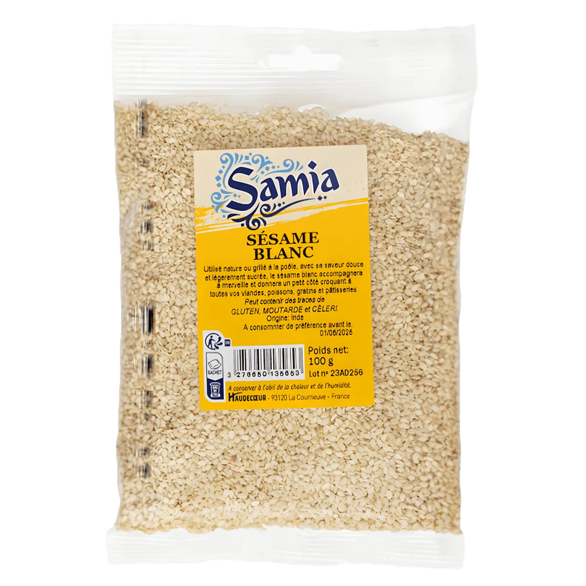 Sésame blanc SAMIA en sachet de 100g, produit d'épicerie salée NKOSI, idéal pour recettes sucrées et salées, riche en nutriments.