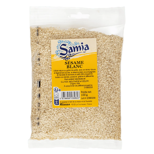 Sésame blanc SAMIA en sachet de 100g, produit d'épicerie salée NKOSI, idéal pour recettes sucrées et salées, riche en nutriments.
