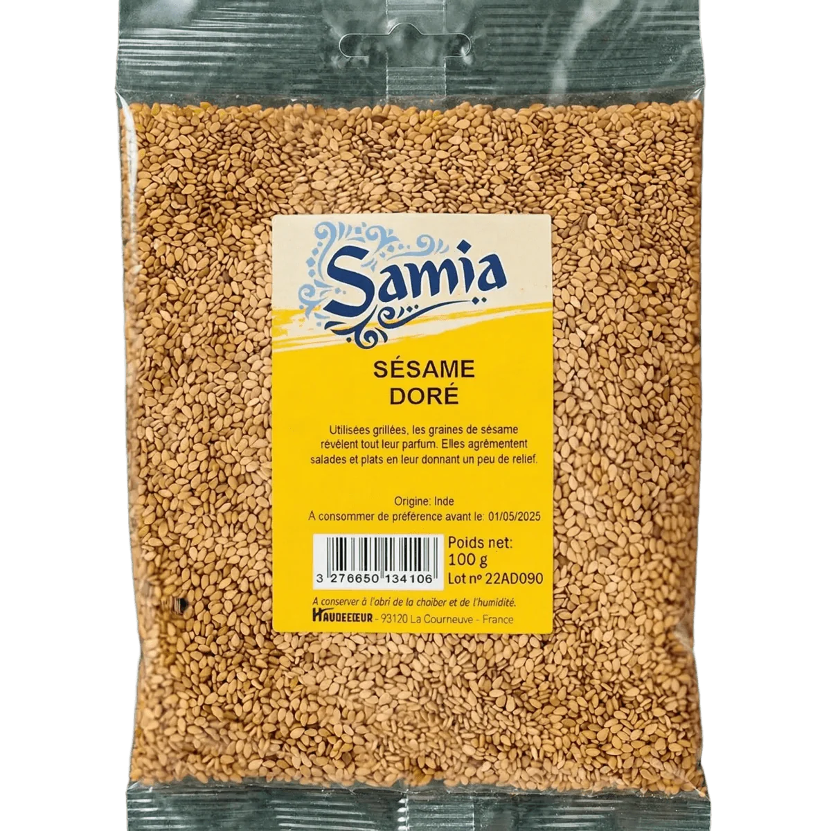 Sachet de sésame doré SAMIA. Gros plan sur les graines et l'étiquette du produit.