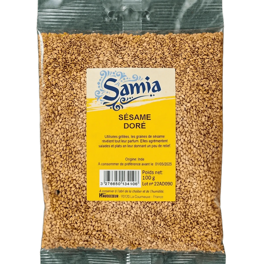 Sachet de sésame doré SAMIA. Gros plan sur les graines et l'étiquette du produit.