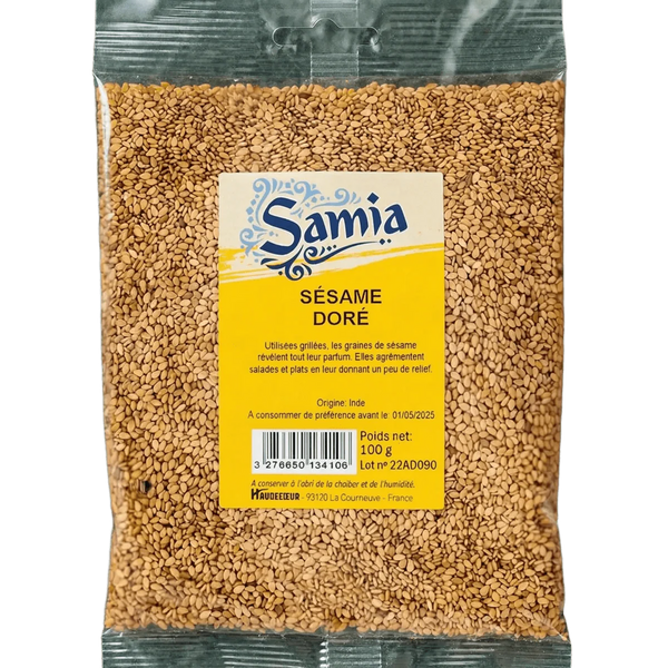 Beutel mit goldenem Sesam SAMIA. Nahaufnahme der Samen und des Produktschilds.