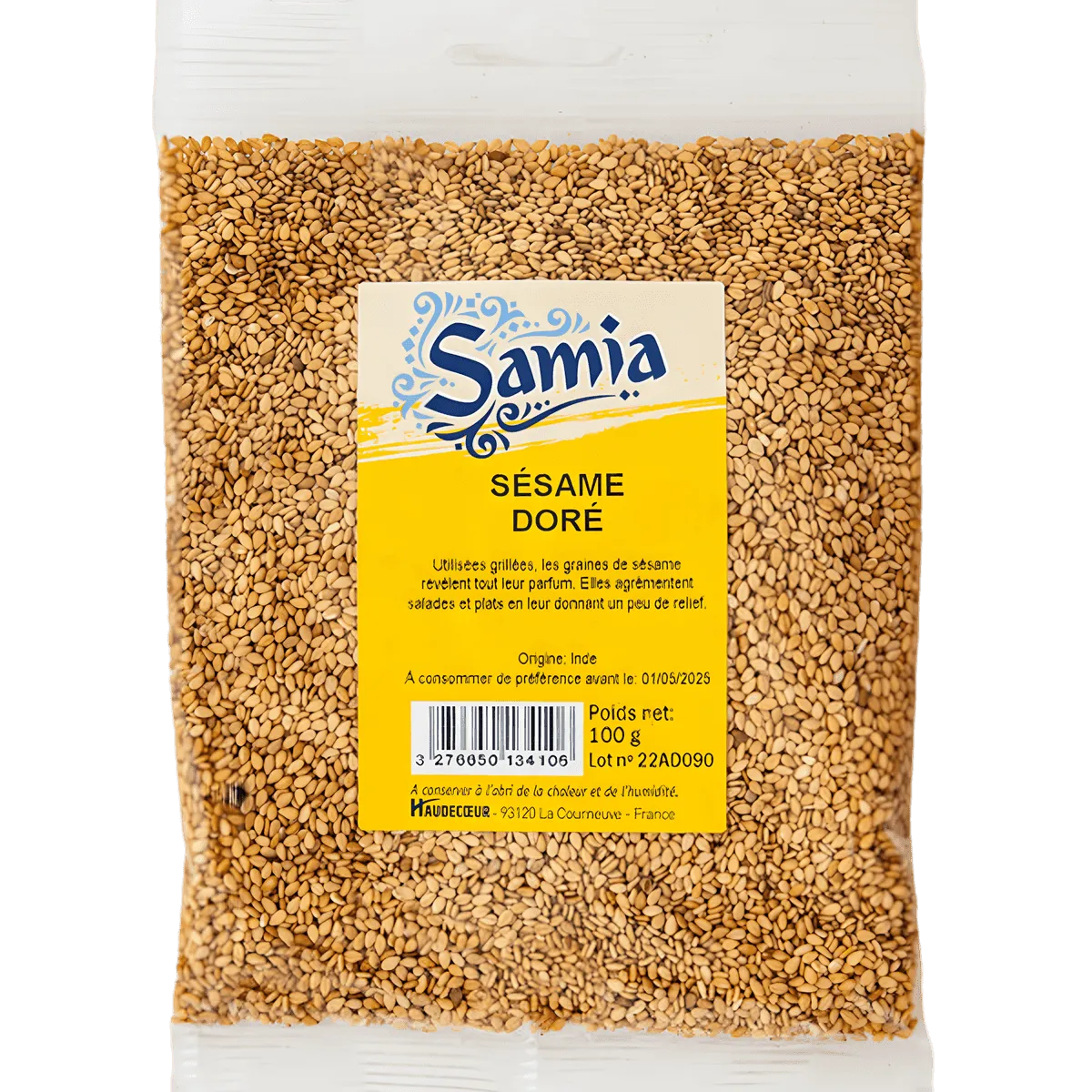 Sésame doré SAMIA en sachet de 100g, épicerie salée NKOSI, graines croquantes idéales pour recettes sucrées et salées.
