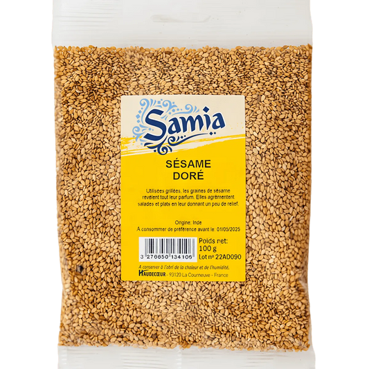 Sésame doré SAMIA en sachet de 100g, épicerie salée NKOSI, graines croquantes idéales pour recettes sucrées et salées.