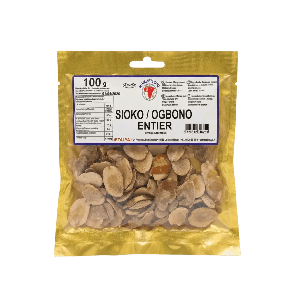 Close-up of a golden "Number One" sachet of whole sioko (ogbono) seeds.