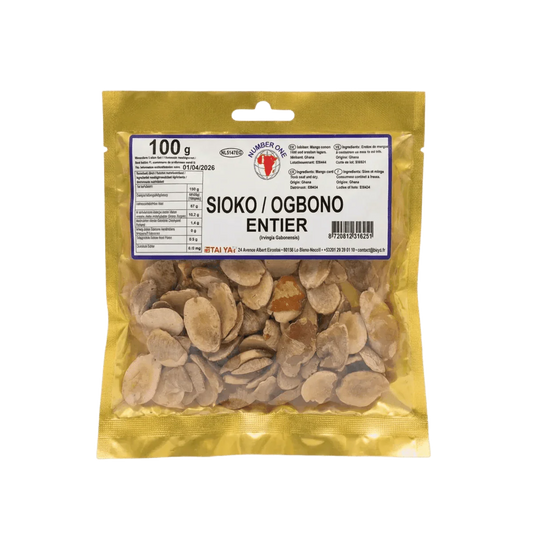 Close-up of a golden "Number One" sachet of whole sioko (ogbono) seeds.