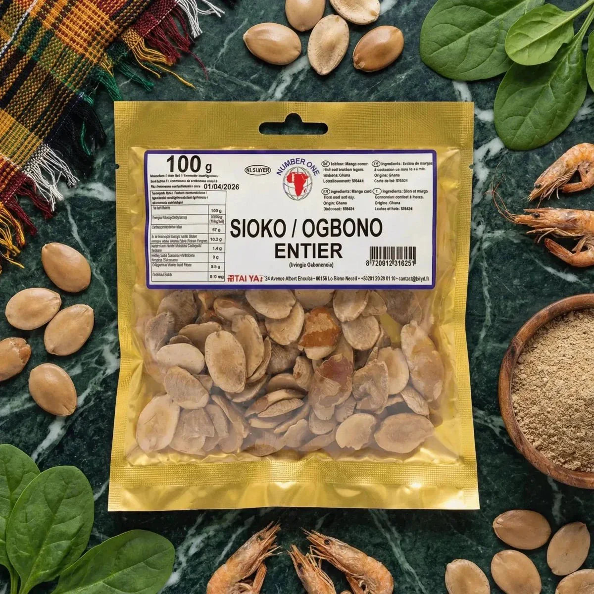 Sachet Sioko/Ogbono Entier Number One. Graines, épinards, crevettes.
