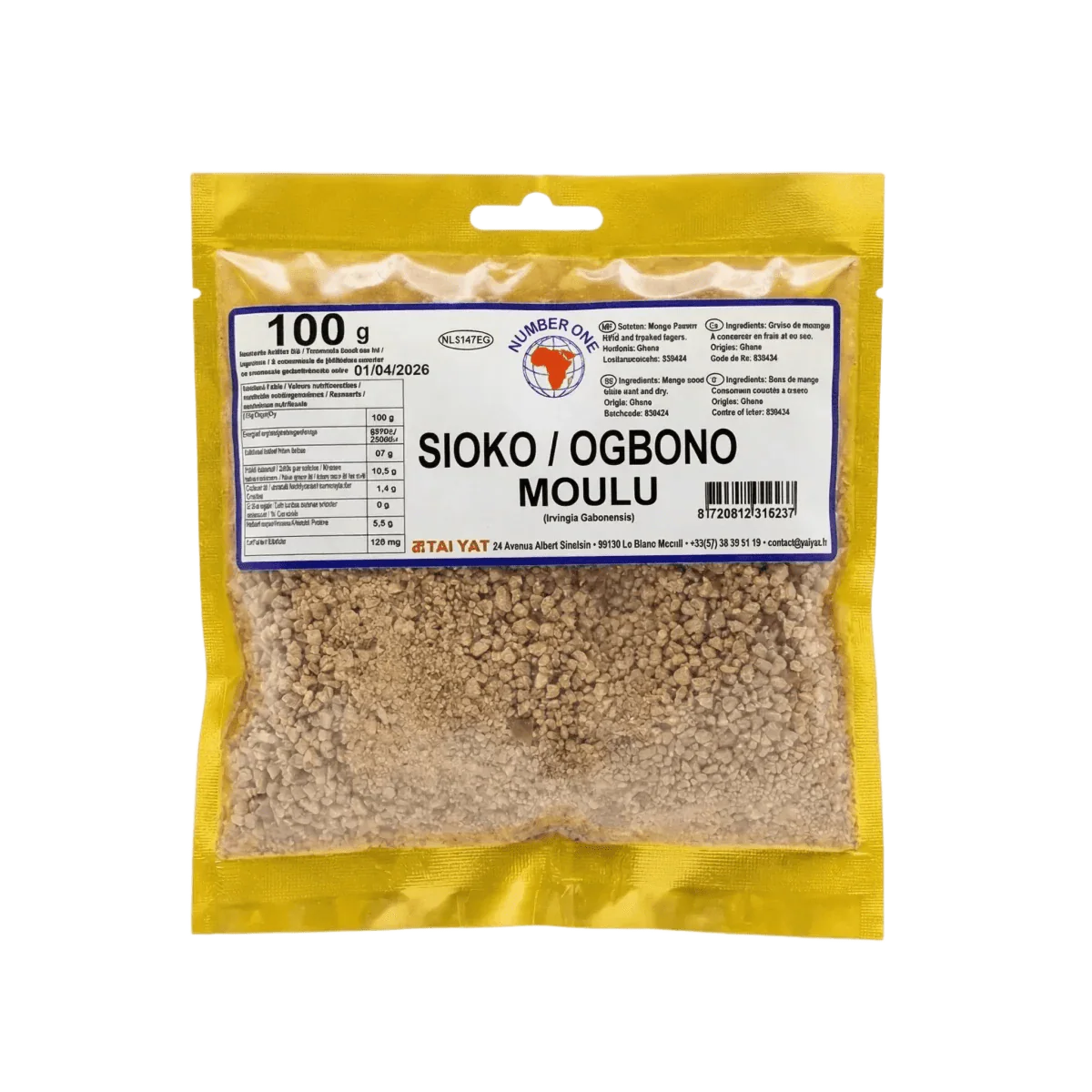 Yellow Sachet Sioko/Ogbono Ground from Tai Yat: African spices. Nutritional information.