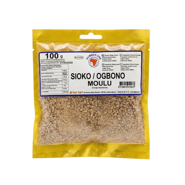 Sachet jaune Sioko/Ogbono Moulu de Tai Yat : épices africaines. Informations nutritionnelles.
