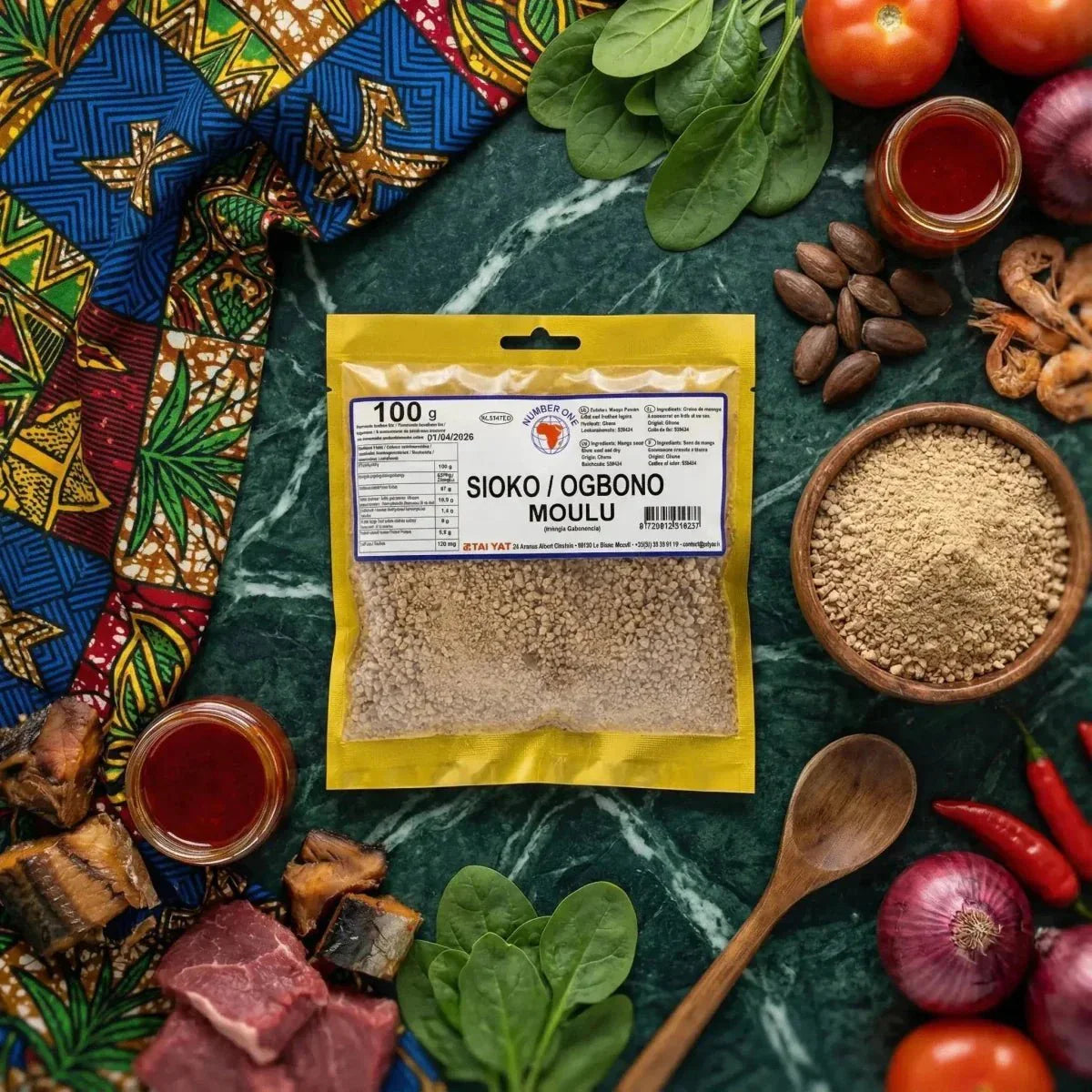 Image publicitaire Number One : sachet de Sioko/Ogbono Moulu, ingrédients frais.