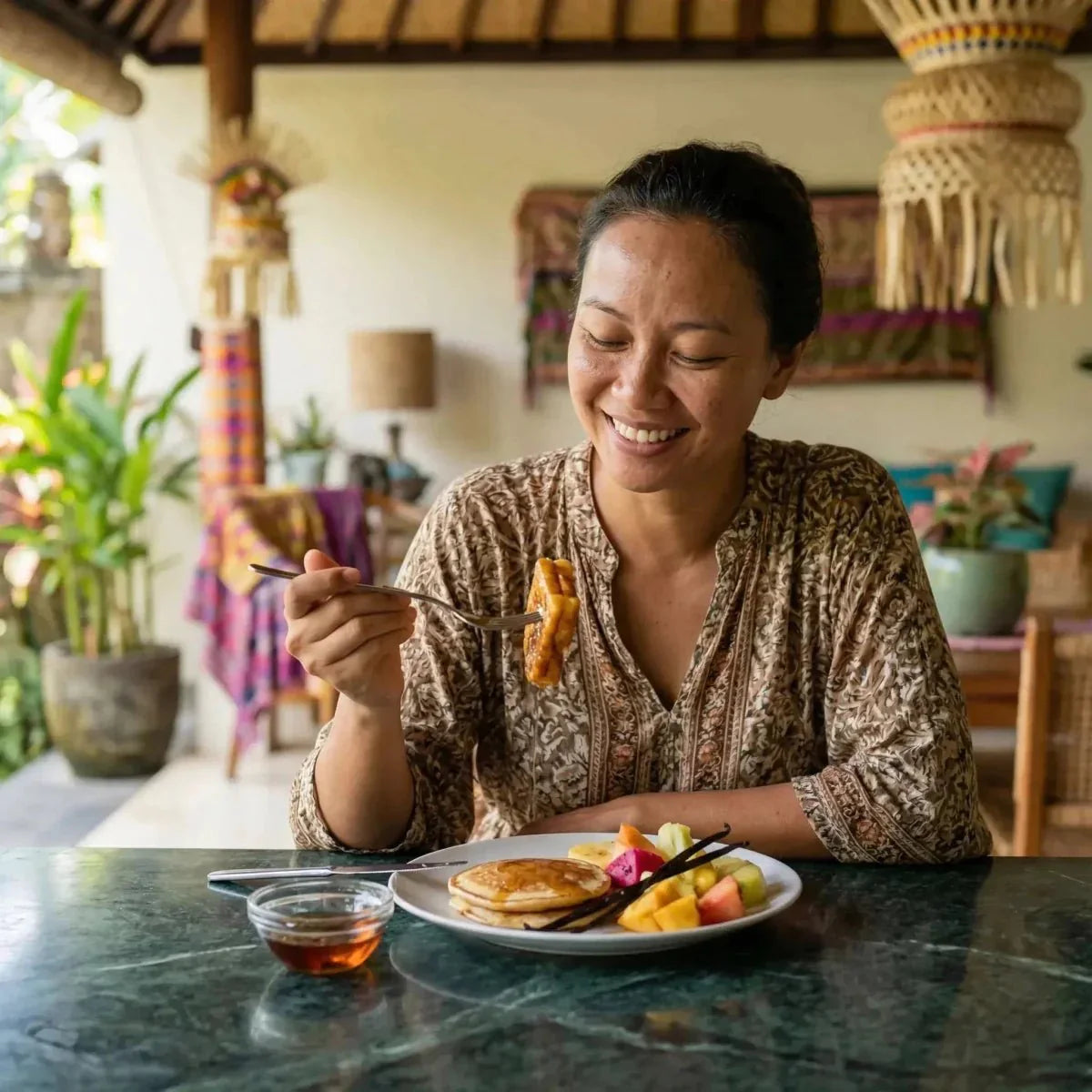 Una donna sorridente gusta pancake con sciroppo DORMOY in un ambiente accogliente e verdeggiante.