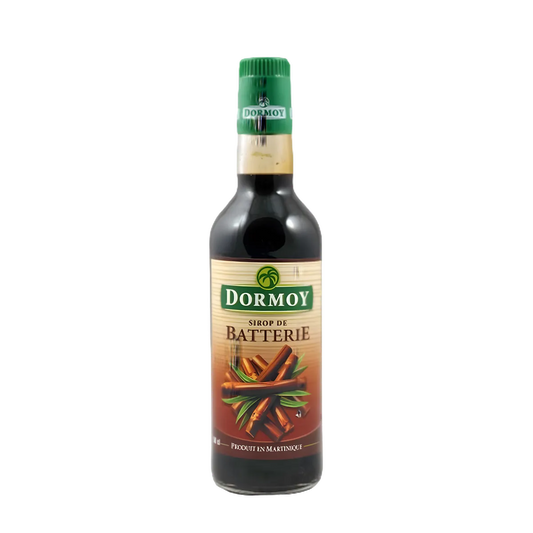 Bouteille de sirop de batterie DORMOY à base de canne à sucre, édulcorant naturel pour plats et desserts, produit en Martinique.