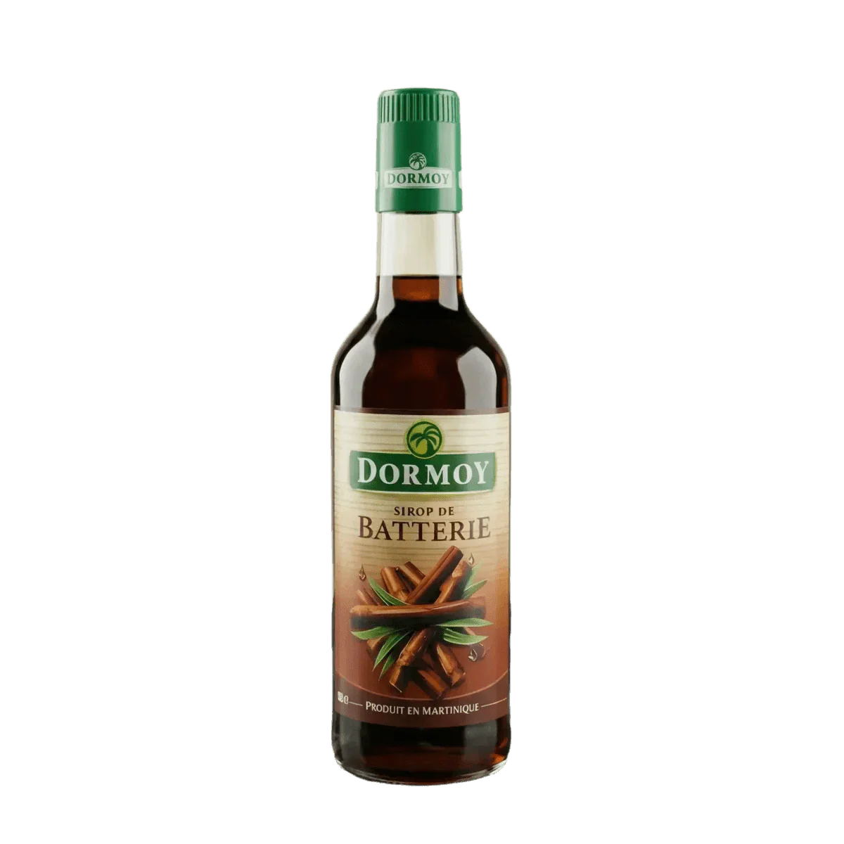 Battery syrup by Dormoy, in a brown glass bottle with an illustrative label.