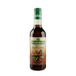 Sirop de batterie par Dormoy, en bouteille de verre marron avec une étiquette illustrative.