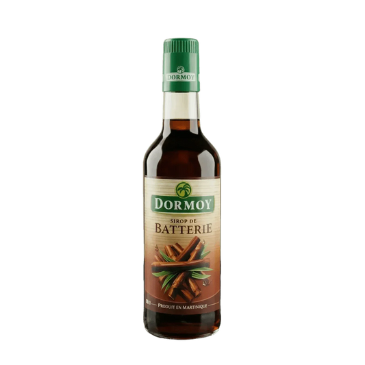 Sirop de batterie par Dormoy, en bouteille de verre marron avec une étiquette illustrative.