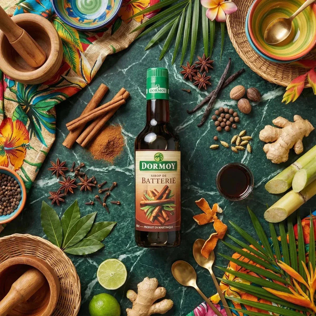 Battery syrup by DORMOY, surrounded by cinnamon, star anise, nutmeg, ginger.