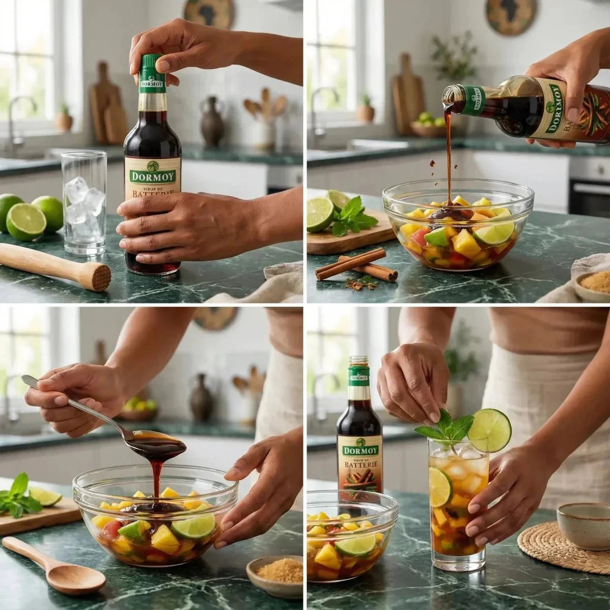 Battery syrup by DORMOY, poured over a bowl of cut fruit and a glass filled with ice.