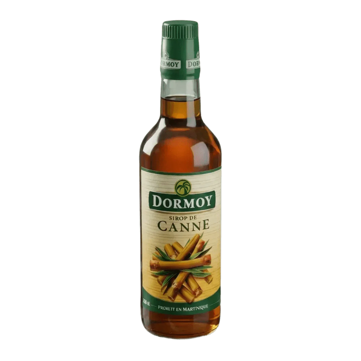 Flavored cane syrup from Dormoy, with an illustration of sugarcane sticks on it.