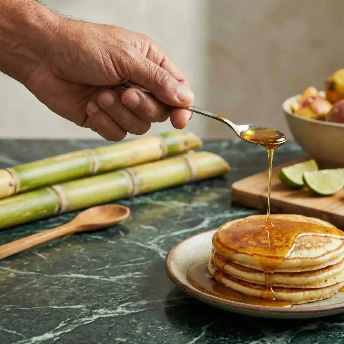 Cane syrup by DORMOY, poured over a stack of pancakes, with sugar canes.