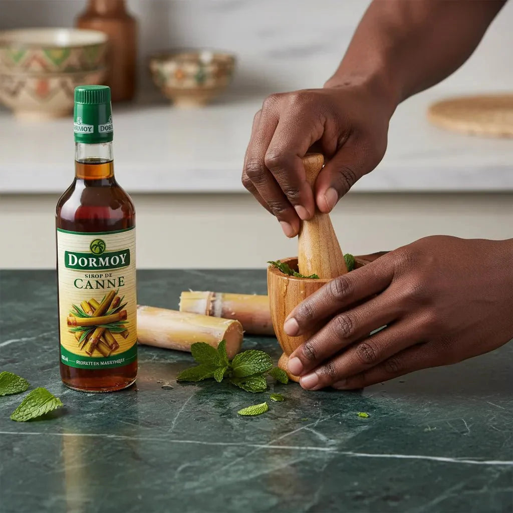 DORMOY cane syrup with pieces of sugarcane and fresh mint leaves.