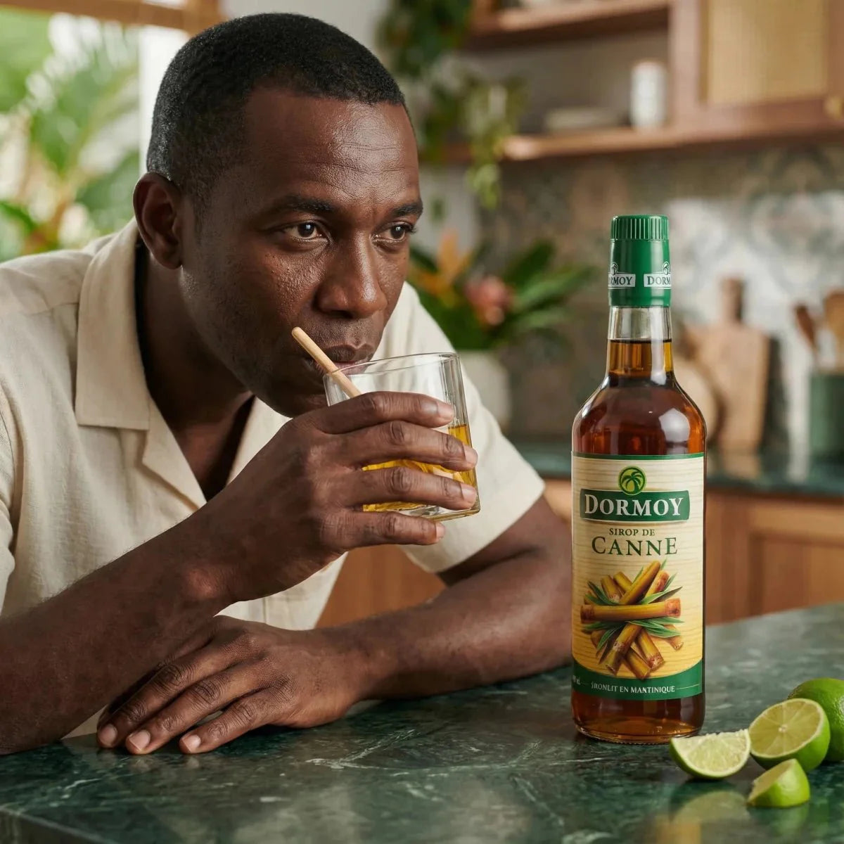 Cane syrup, batch offered by Dormoy, with sliced limes and a man tasting a golden drink.