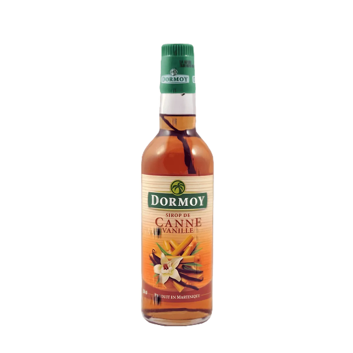 Sirop Vanille Canne DORMOY - Arôme Unique | Créations culinaires, bouteille de sirop ambré avec étiquette verte et vanille en illustration.