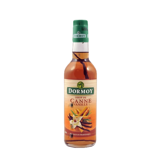 Sirop Vanille Canne DORMOY - Arôme Unique | Créations culinaires, bouteille de sirop ambré avec étiquette verte et vanille en illustration.